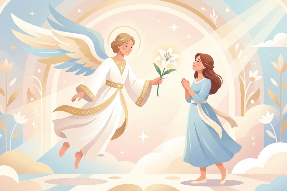 Dios te salve María (Ave María) - un lirio blanco ofrecido por una mano angelical a una joven